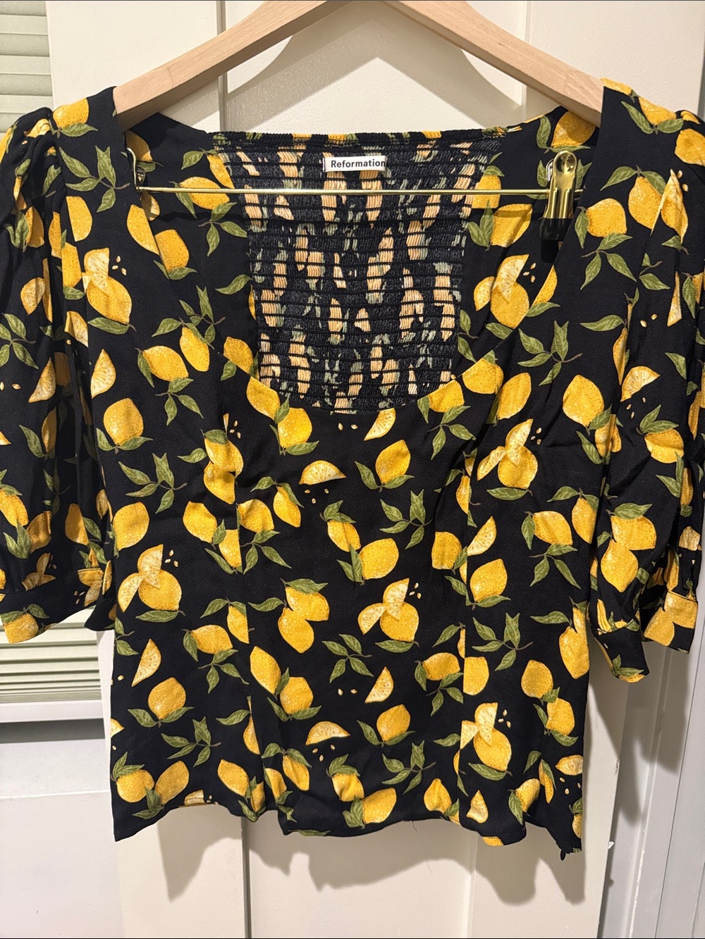 Reformation Black Lemon-Print Puff Sleeve Top